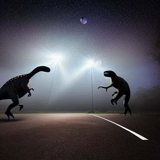 Prompt: action shot of dinosaurs playing sports while meteors streak across the sky leaving trails of fire, light fog, street lights, god rays, beautiful