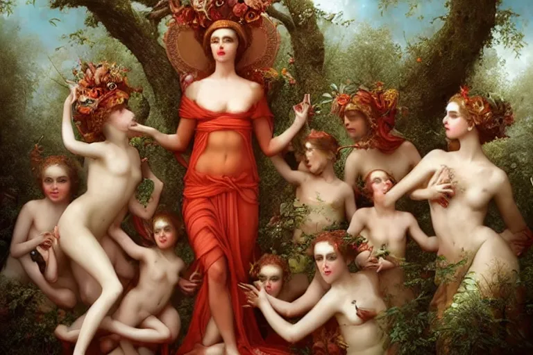Prompt: the goddess of canned tomato paste surrounded by a court of nymphs, by tom bagshaw peter kemp, beautiful highly symmetric faces