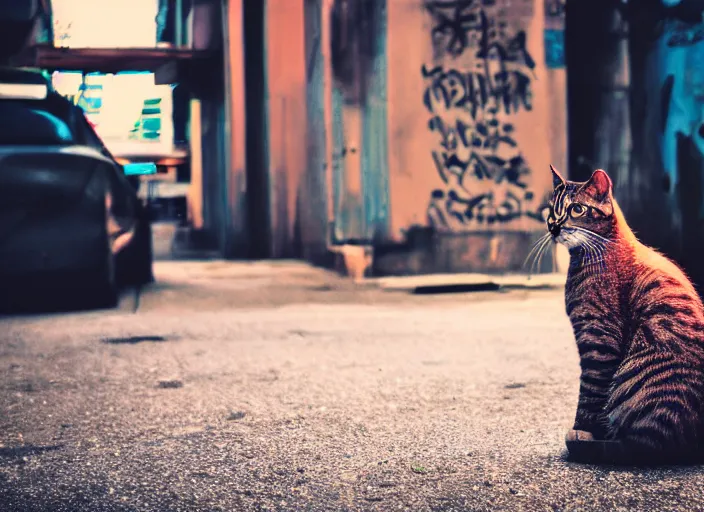 Image similar to photography of a Cat sitting on a box. in a cyberpunk street, award winning photo, colors, 100mm, sharp, high res