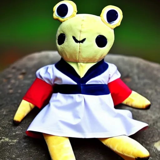 Prompt: stuffed animal frog wearing a sailor suit, cute, plushie photography,
