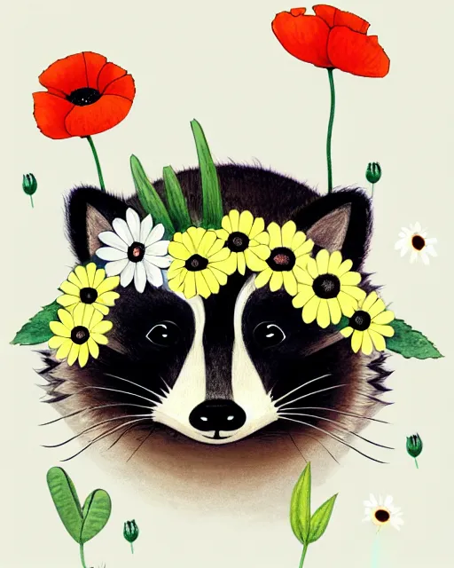 Image similar to a minimalist storybook illustration of a smiling happy cute raccoon wearing a flower crown of daisies and poppies, by antoine de saint - exupery and annabel kidston and naomi okubo and jean - baptiste monge. a child storybook illustration, muted colors, soft colors, low saturation, fine lines, white paper