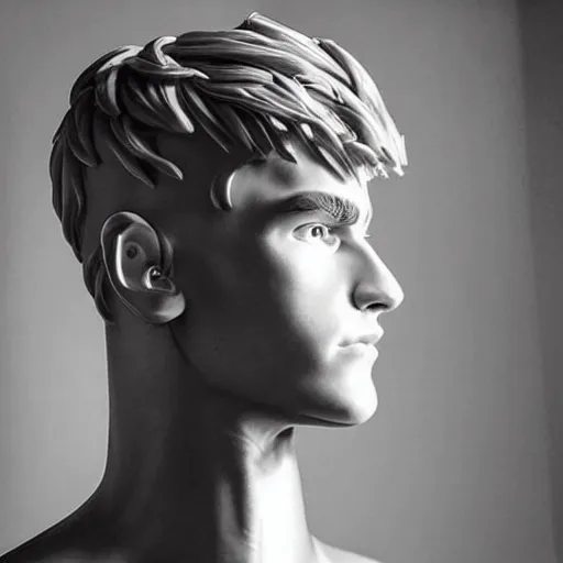 Image similar to “a realistic detailed photo of a guy who is an attractive humanoid who is half robot and half humanoid, who is a male android, twitch streamer Ninja Tyler Blevins, shiny skin, posing like a statue, blank stare, living room, display”