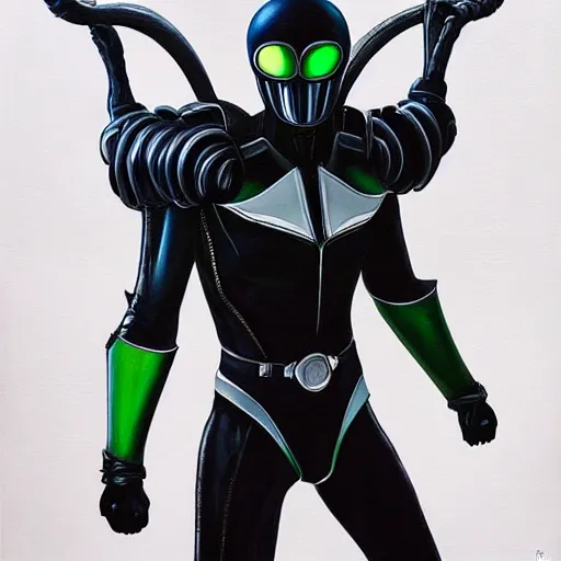 Prompt: a realistic painting by Raffaello Sanzi depicting the Kamen Rider Black with the head of the Xenomorph in the retrofuturism Renaissance,smooth,Sharp focus, trending on Artstation.