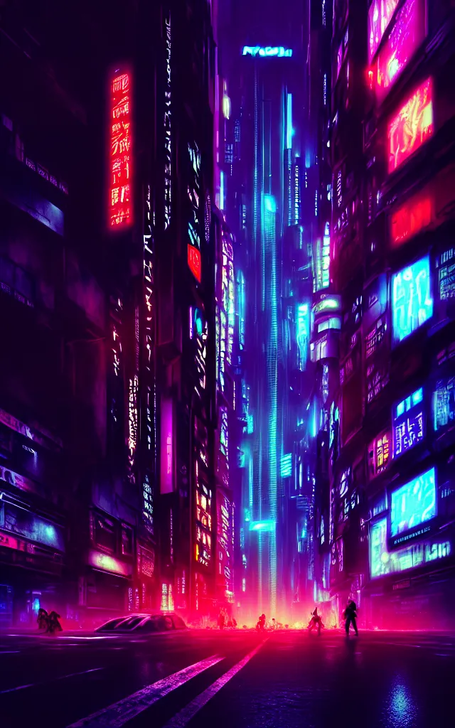 Image similar to concept art of a magnificent dark neon futuristic cyberpunk city bustling street at night cyberart by liam wong in the film akira rendered in octane, 3 d render, trending on cgsociety, blender 3 d