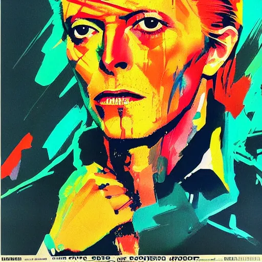 Image similar to David Bowie by Ashley Wood, Yoji Shinkawa, Jamie Hewlett, 60's French movie poster, French Impressionism, vivid colors, palette knife and brush strokes, Dutch tilt