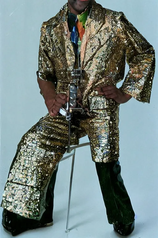 Image similar to funkiest grooviest man in the world, 70s disco jacket, photograph portrait