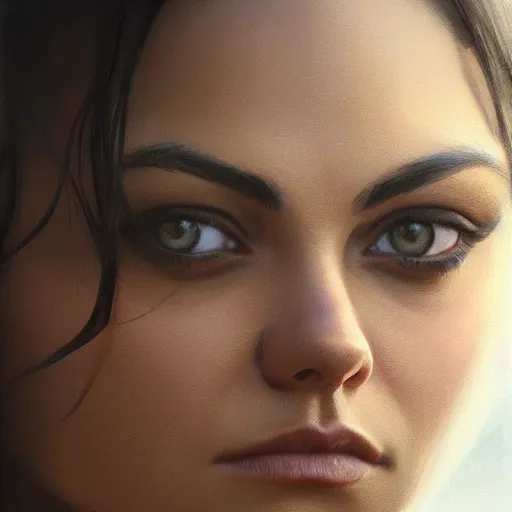 Image similar to a closeup portrait of a mila kunis, dramatic light, lake background, painted by stanley lau, painted by greg rutkowski, painted by stanley artgerm, digital art, trending on artstation