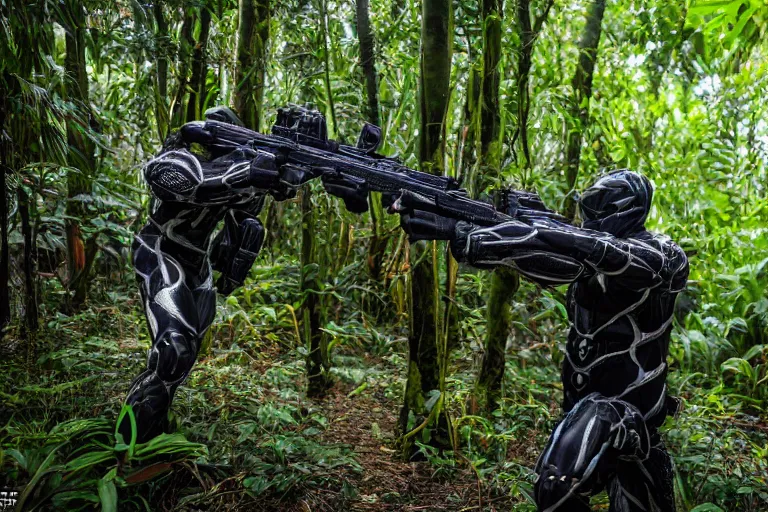 Image similar to Crysis Nanosuit shooting at enemies in a jungle combat photography 2022, Canon EOS R3, f/1.4, ISO 200, 1/160s, 8K, RAW, unedited, symmetrical balance, in-frame,