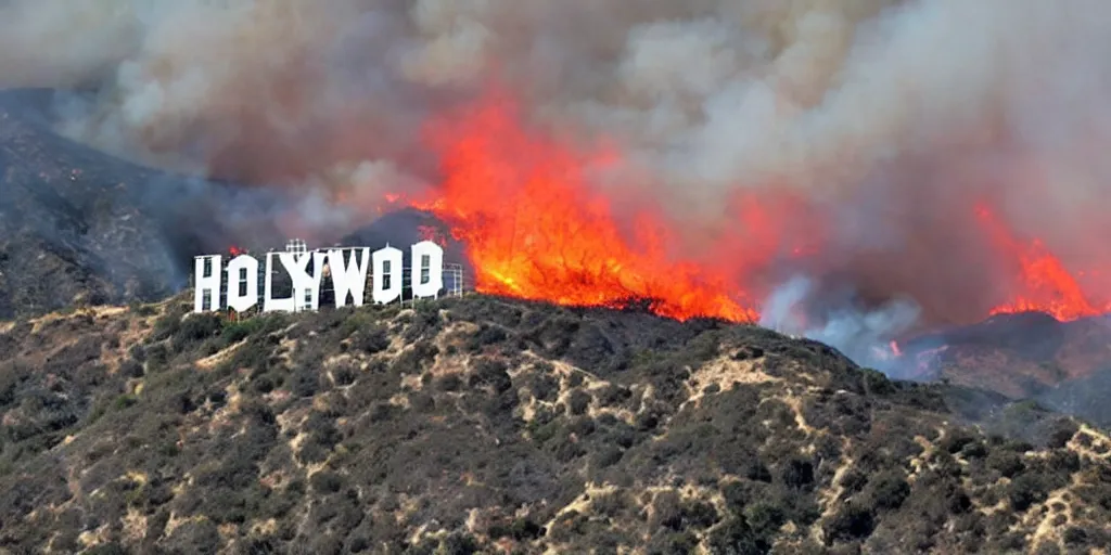 Prompt: hollywood hills on fire, logo on fire, landmark apocalypse