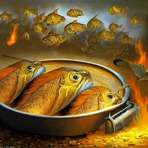 Image similar to surprised fish on a pile of fish in a cooking pot on fire, side view, by vladimir kush, dystopian art, rococo