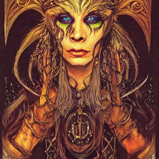 Prompt: portrait of an evil dark gypsy of the endtimes, super powerful dark magic, casting a spell, ornate golden border, beautiful! coherent! dungeons and dragons character, by brian froud, strong line, night color, high contrast