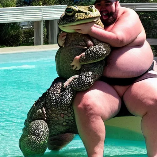 Image similar to a leaked photo of a screaming, hairy, fat man wearing a swimsuit holding the worlds largest toad