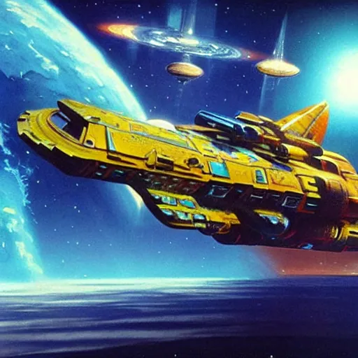 Image similar to concept art of an spaceship by chris foss, artstation hq.