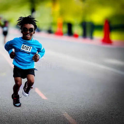 Prompt: portrait of midget down syndrome playboi carti running in a marathon, sharp focus, 4 k editorial photograph, soft lighting, depth of field