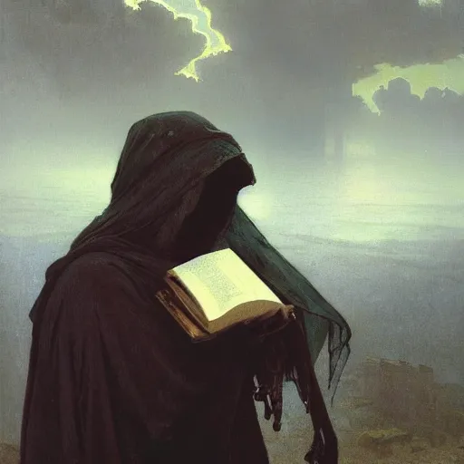 Prompt: half portait of magican wearing a closed cowl holding a big old book! with chains on his wrist, jeremy mann, jean leon gerome, alphonse mucha, greg rutkowski, hood covers his eyes, ( ( ruins of ancient rome ) ), at dusk, mysterious atmosphere, sunrays, dof, masterpiece, high detailed, 8 k