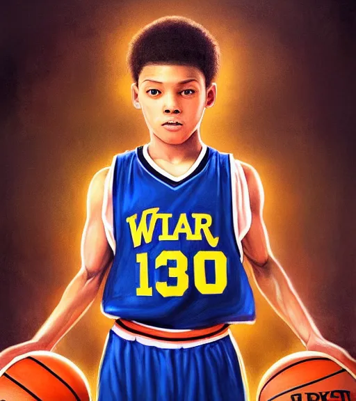 Prompt: portrait of a boy at a basketball court playing basketball wearing a basketball jersey in a basketball court standing near the basketball hoop, intense emotion, detailed facial expression, detailed surroundings, intricate, elegant, highly detailed, centered, digital painting, artstation, concept art, smooth, sharp focus, illustration, by Leonardo da Vinci, WLOP