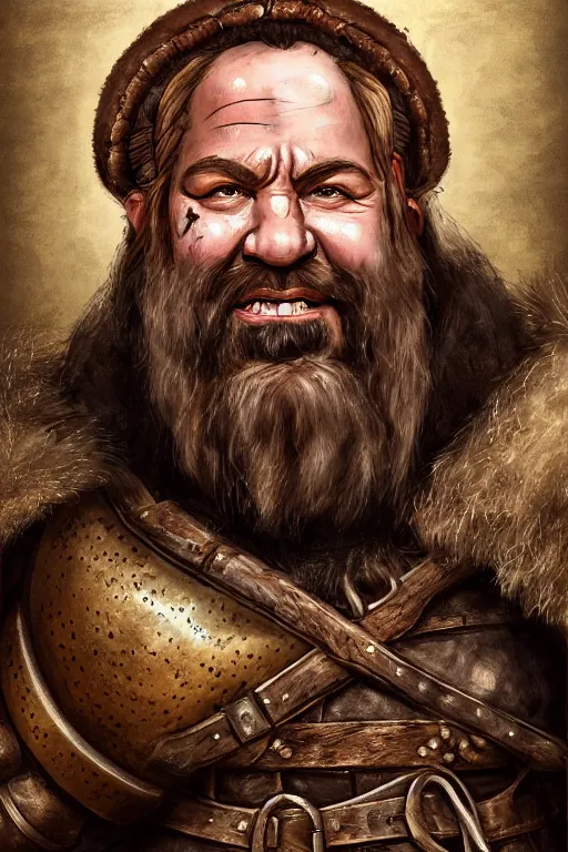 Prompt: head and shoulders portrait in a tavern of a dwarf adventurer, jovial, scarred lip, grandfatherly, leather armor, male, high fantasy, d & d, by hans zatka, face details, extremely detailed, digital illustration