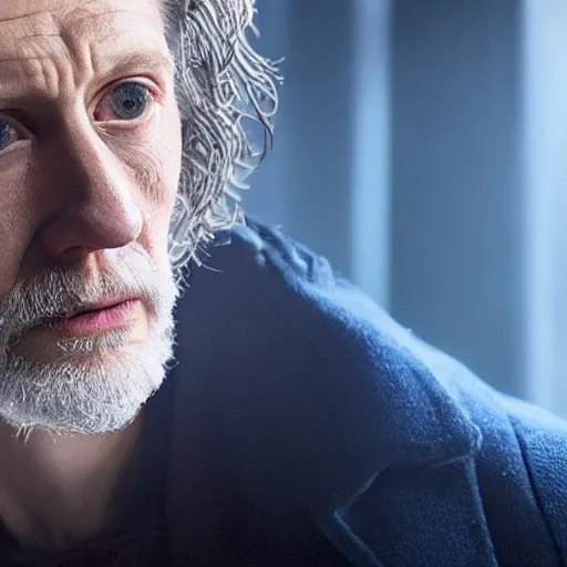 Image similar to tom holland as a rough dirty old man with a scruffy beard in a dark blue trenchcoat as the new doctor who, cinematic, volumetric lighting, f 8 aperture, cinematic eastman 5 3 8 4 film, photorealistic