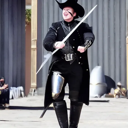 Image similar to photo of elon musk in the shape of a musketeer, he has a big black hat and holds a shiny sword