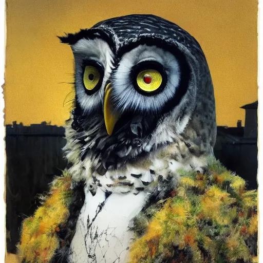 Image similar to shredded physique feathered round neck beak Portrait of Henry James camouflaged as Owl whilst wearing a yellow tuxedo Standing atop a Garbage Truck Greg Rutkowski Vik Muniz clarence holbrook carter Andrew Wyeth Dan Witz