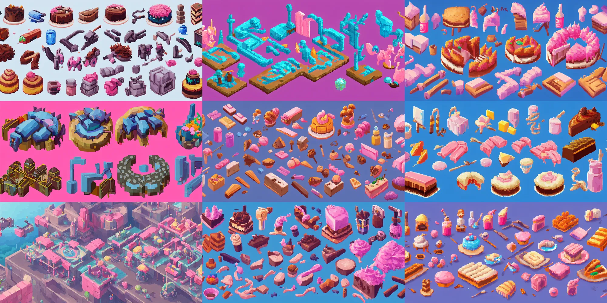 Prompt: game asset of cakes and dessert, pixel art references, in gouache detailed paintings, props, stylized, 2 d sprites, kitbash, arcane, overwatch, blue and pink color scheme, 8 k, close up