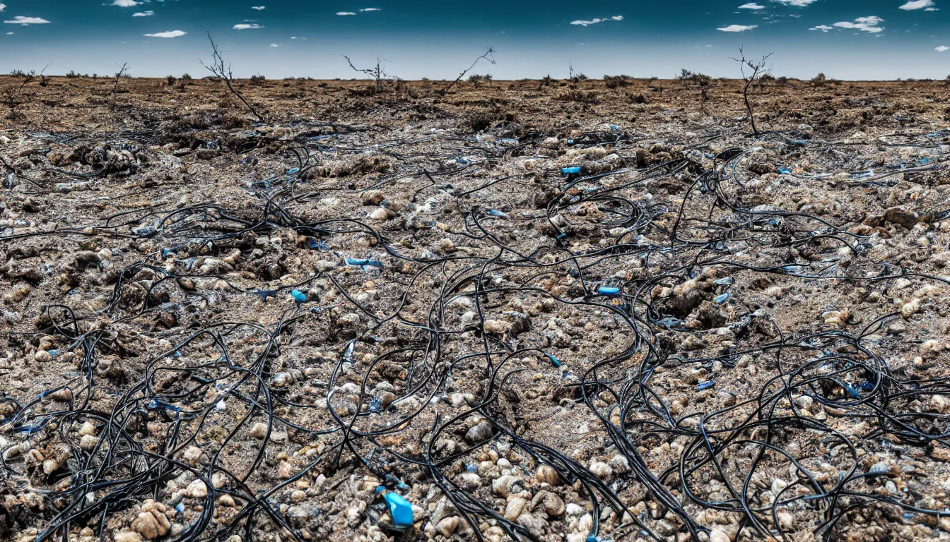 Image similar to Dry rivers scattered with hundreds of fish skeletons , decimated barren lands littered with emerging wires and cables that grow like plants , full colour , upscale , 4k