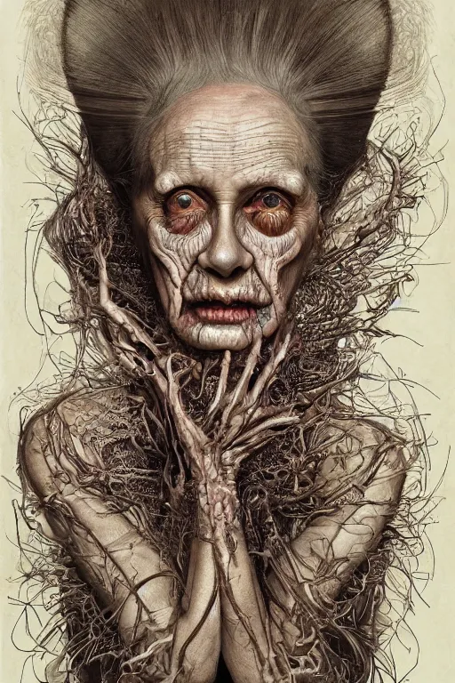 Prompt: Detailed maximalist portrait of a beautiful old woman with large lips and eyes, scared expression, botanical skeletal with extra flesh, HD mixed media, 3D collage, highly detailed and intricate, surreal illustration in the style of Jenny Saville, dark art, baroque, centred in image