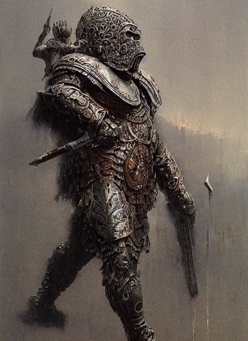 Image similar to ape warrior in ancient ornamented armor concept, beksinski, ruan jia