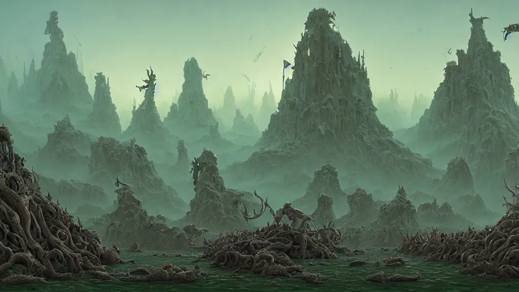 Image similar to the ancient manifestation of evil in a sea of rabid dogs, intricate, detailed, volumetric lighting, sharp focus, scenery, photorealism, digital painting, highly detailed, concept art, by roger dean and simon stalenhag and mark brooks