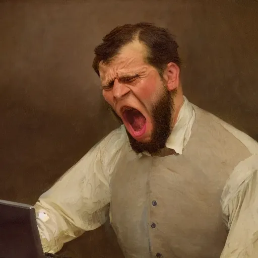 Image similar to an angry man yells at his computer monitor, oil on canvas, 1 8 8 3, highly detailed