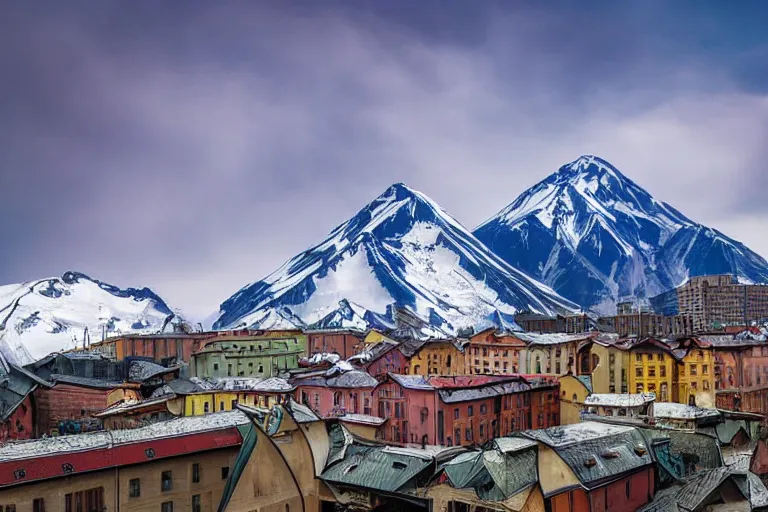 Image similar to architecture photo modern fachwerk giant opera building settlement with Elbrus mountain on the background, architecture, photorealism 8k , shining and happy atmosphere, uplight, high details