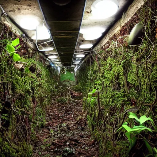 Image similar to abandoned, overgrown, underground bunker. mutated carnivorous plants