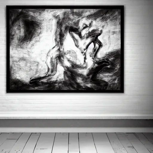 Prompt: figure of a surreal alien beast, made of roughly torn fabric, stretched over a deliberately sloppy frame, Contemporary art, Affandi, alien landscape, a little fog, moody lighting, black and white