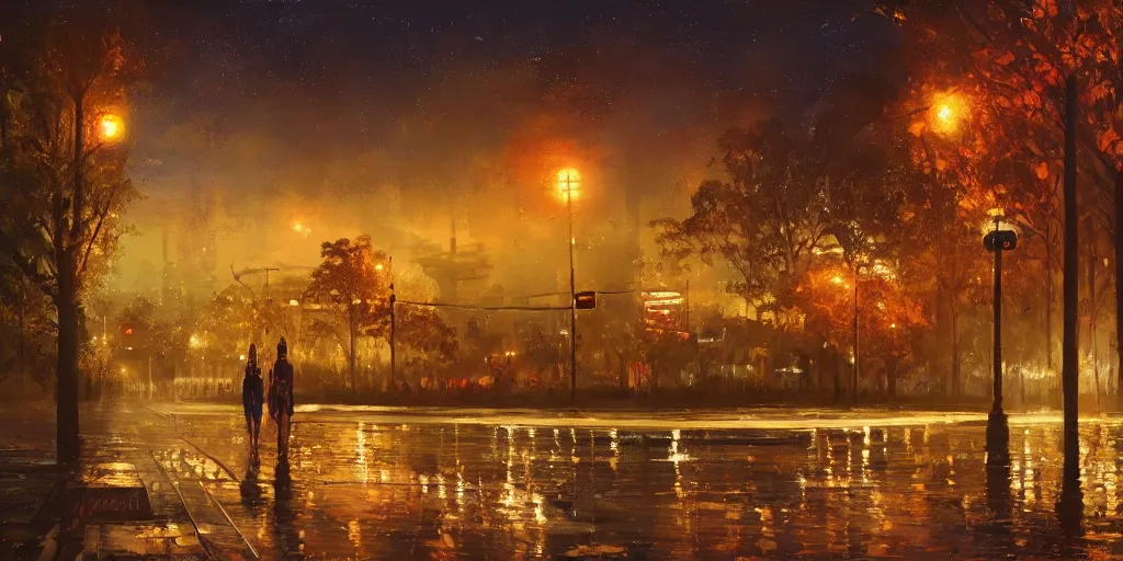 Prompt: A beautiful painting of Australian city autumn night, hyperrealistic, artstation, detailed, cinematic lighting, concept art, photorealistic