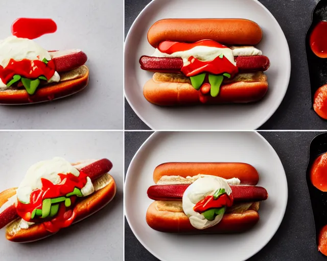 Prompt: dslr food photograph of vanilla ice cream with ketchup on, and slices of hotdog, 8 5 mm f 1. 4