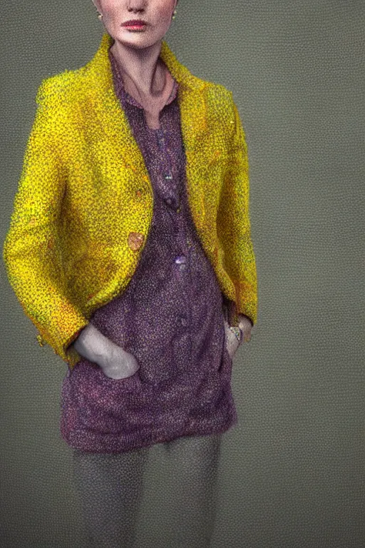 Prompt: a scene filled with yellow fog and with a creature wearing a super colorful muted color diy! suit, with a lot of pockets and details, vivienne westwood!, detailed photoreal render octane render, oil on canvas, pointillism