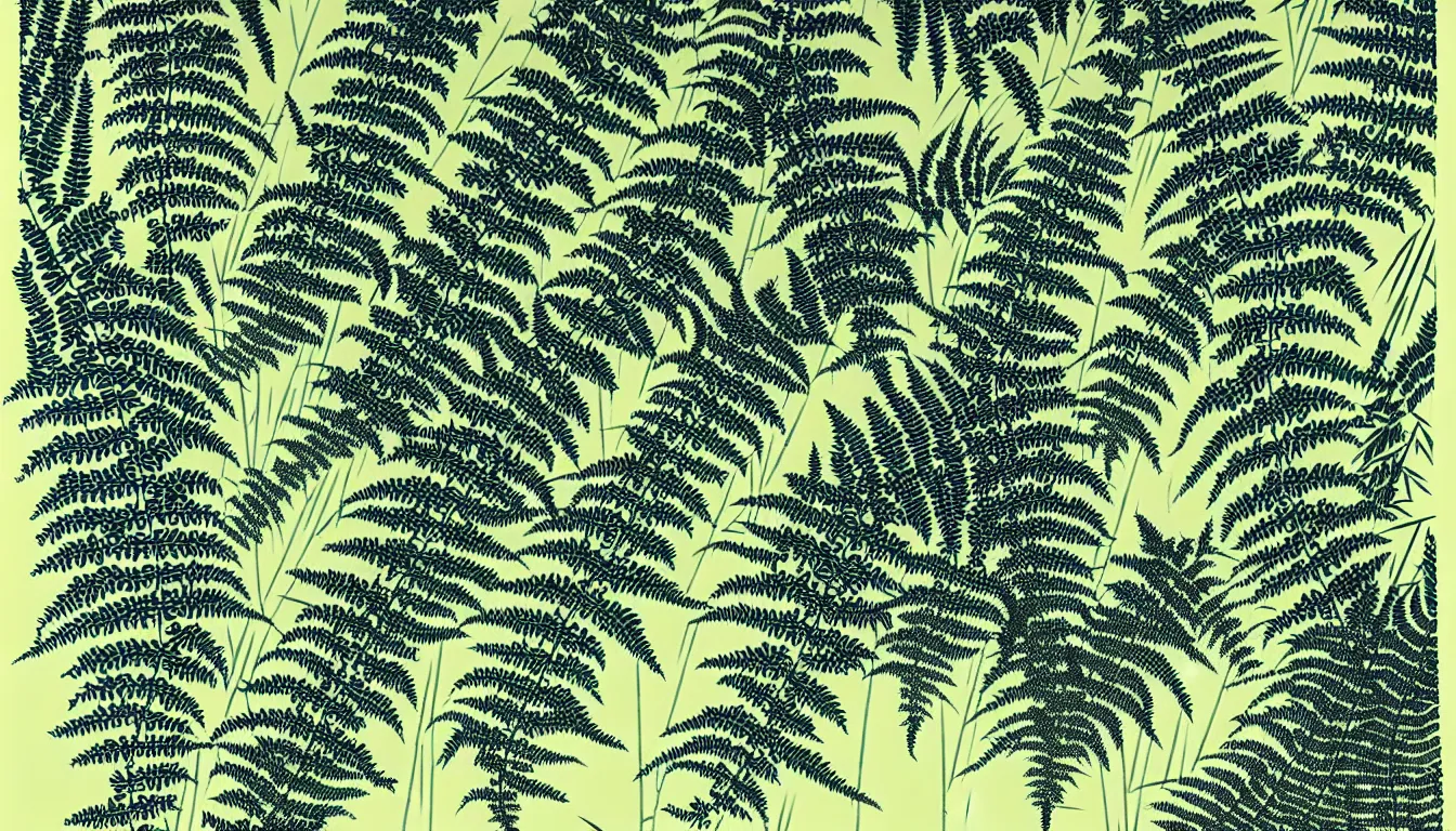 Image similar to close up of fern with bamboo grove in the background by woodblock print, nicolas delort, moebius, victo ngai, josan gonzalez, kilian eng