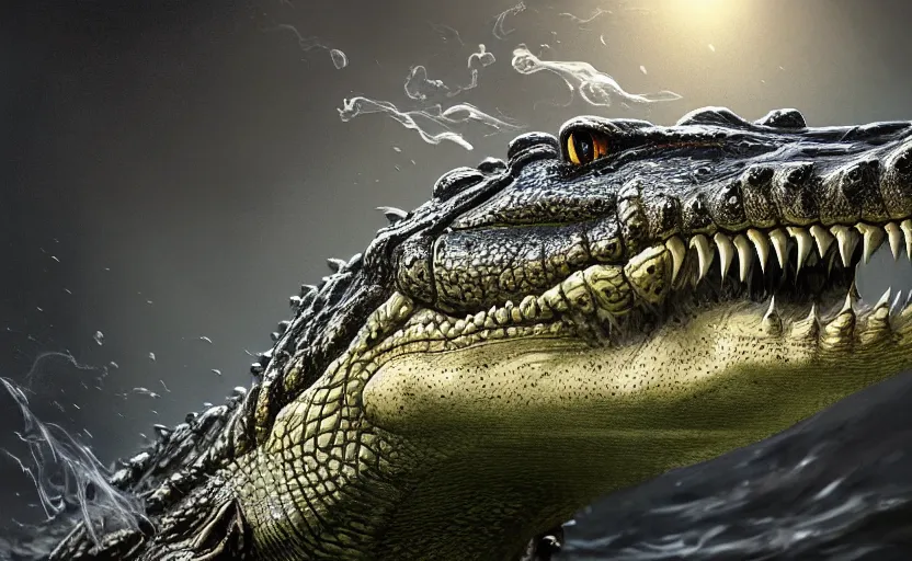 Prompt: a masterpiece of a crocodile with steam coming from it's nostrils, cinematic, fantasy, hyper detailed, digital painting, 4 k realistic, trending on artstation, sharp focus, illustration, by ne zha, noriyoshi ohrai, light source on left