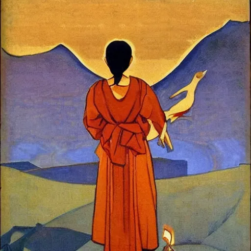 Image similar to Art installation. a woman is shown from behind, her body slightly blurred as if in motion. Her long hair cascades down her back, and she is holding a small bird in her hand. by Nicholas Roerich daring