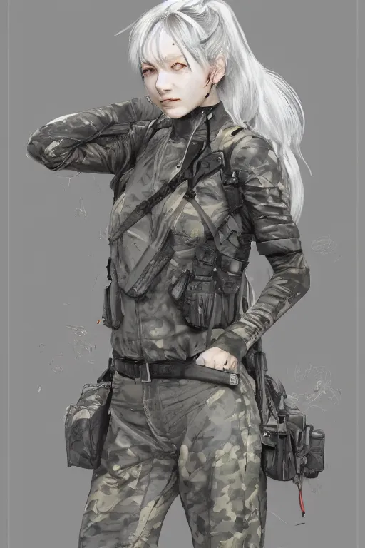 Prompt: girl, silver hair ((ponytail)), winking, multicam (camo), trending on artstation, detailed, cinematic portrait, ilustration by Takehiko Inoue ((((and Yoann Lossel))))