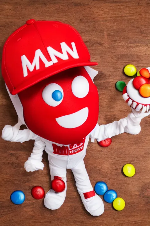 Prompt: a single red m & m candy with white arms and legs, a red sphere wearing a white baseball cap, eminem as the red m character standing on a floor covered with m & m candies, m & m candy dispenser!!!, m & m plush, unreal engine, studio lighting, unreal engine, volumetric lighting, artstation, professional food photography