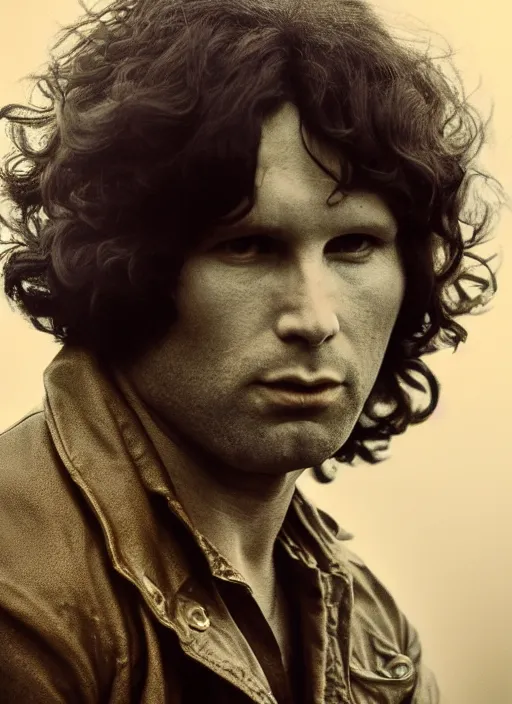 Image similar to jim morrison in real life, face centered portrait of jim morrison, confident, fog, rain, volumetric lighting, beautiful, golden hour, sharp focus, ultra detailed, cgsociety by leesha hannigan, ross tran, thierry doizon, kai carpenter, ignacio fernandez rios, noir art house, 4 k, 3 5 mm, fujifilm