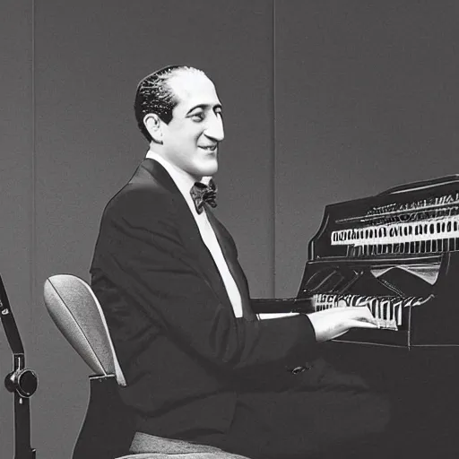 Image similar to photo of george gershwin playing a modular synthesizer, realistic, sharp focus, 4 k high definition, insanely detailed, intricate, elegant, art by stanley lau and artgerm