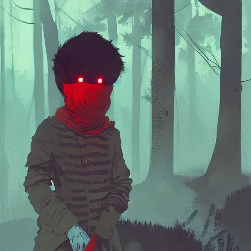 Prompt: boy with skull mask on the woods by atey ghailan, by greg rutkowski, by greg tocchini, by james gilleard, by joe fenton, by kaethe butcher, dynamic lighting, gradient red blue, brown, blonde cream and white color scheme, grunge aesthetic