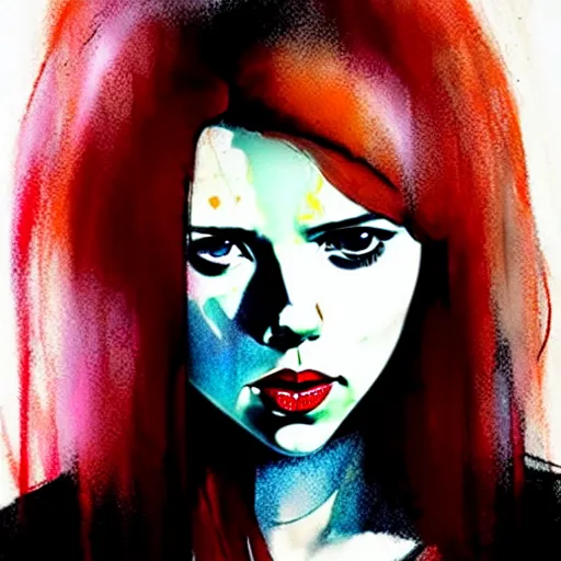 Image similar to phil noto, pretty scarlett johansson black widow, symmetrical eyes, long red hair, full body, by agnes cecile and moebius and envi bikal, very luminous design, pastel colours, ink drips, autumn lights