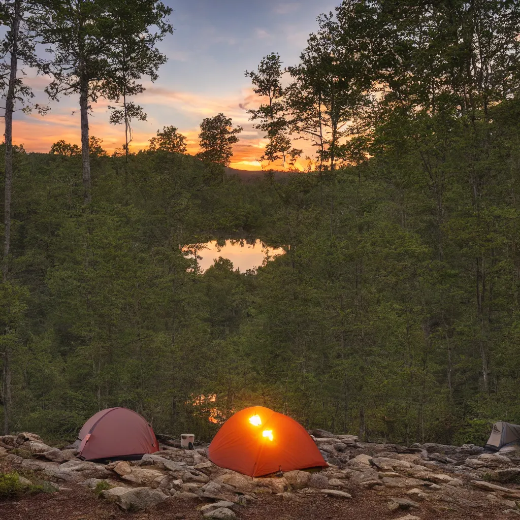Prompt: Creekside campsite in the Blueridge mountains at sunset, photorealistic