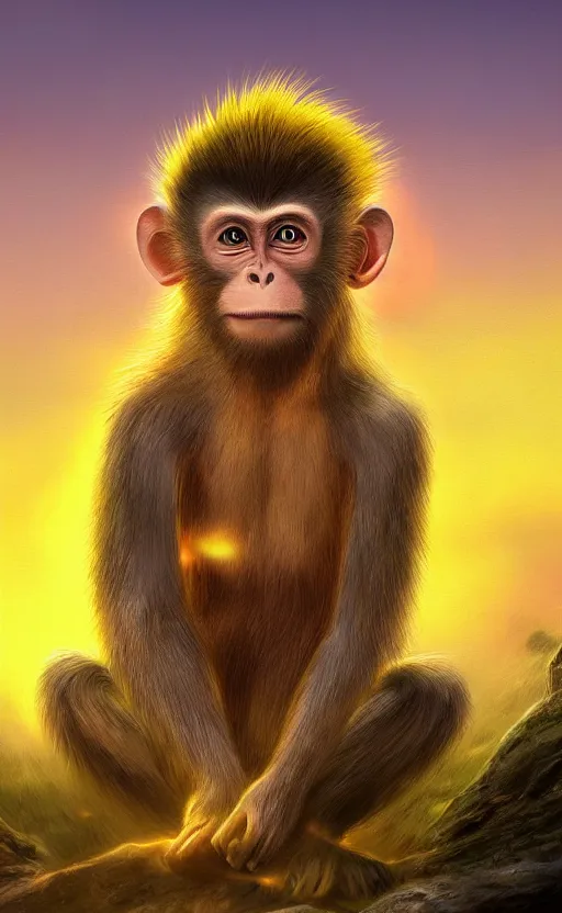 Image similar to photorealistic portrait of Sun Goku the Monkey on his staff meditating on a steep hill Infront of a yellow and red sunset, digital photorealistic art, concept art, trending on art station
