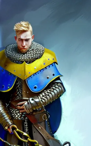 Image similar to a rugged young knight with blonde hair and blue eyes and a short beard wearing a blue shirt over chain mail and steel pauldrons and a yellow cape and leather boots concept art by Tony Sart and Greg Rutkowski, realistic, highly detailed, masterpiece, ArtStation