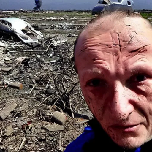 Image similar to last selfie of last alive ukrainian very damaged after a nuclear strike, a nuclear explosions in the background, hyper - realistic 2 0 2 2