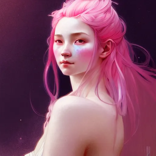 Image similar to Portrait of a eurasian girl with pink hair, glowing skin, fantasy, intricate, elegant, highly detailed, digital painting, artstation, concept art, smooth, sharp focus, illustration, art by Krenz Cushart and Artem Demura and alphonse mucha